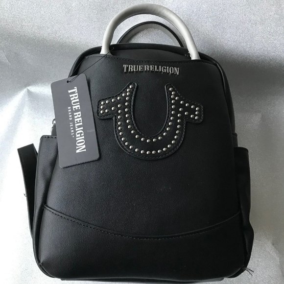 TRUE RELIGION LOGO BACKPACK BLACK faux leather   8" W x 11"H x 4"D - Picture 1 of 7